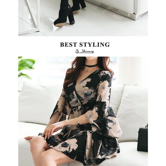 Aurora - 3/4 Sleeve V-Neck Floral Chiffon Wrap Dress - Picture 4 of 6